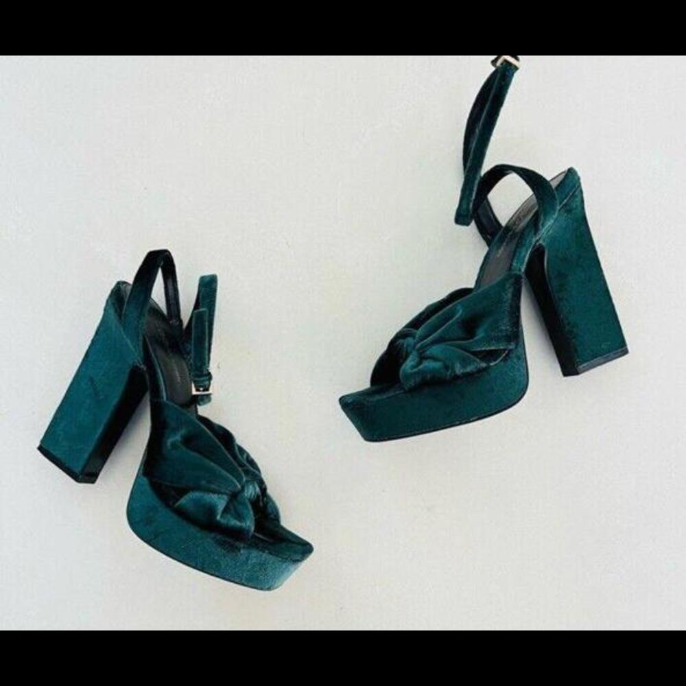 BCBG Teal Velvet Knot Platform Block Heel Sandals
